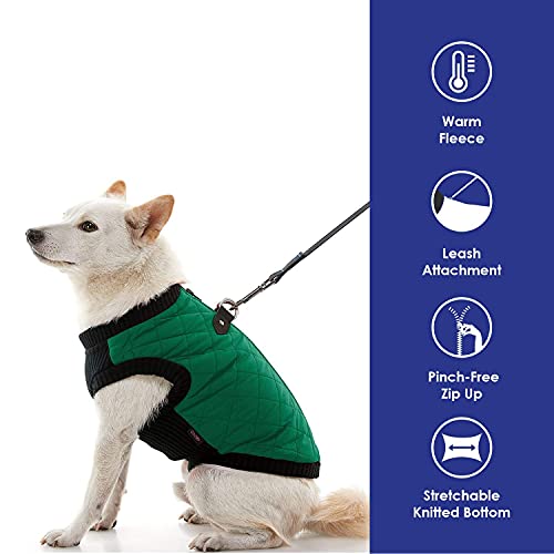 Image of Gooby Fashion Vest Dog Jacket, Green, X-Large | Quilted bomber, water-resistant; Stretch knit bottom; Dual D-ring leash; Pain-free zipper guard; Warm