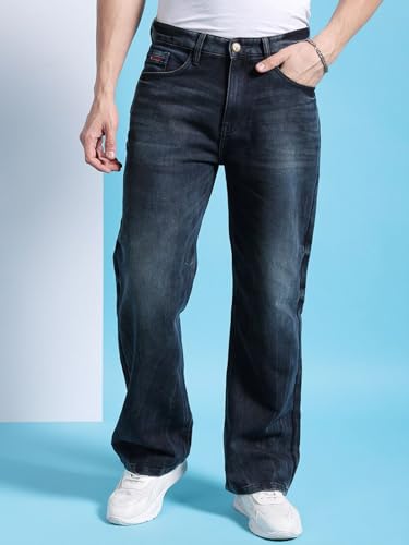 Image of The Indian Garage Co Men Baggy Solid Mid-Rise Stretchable Jeans