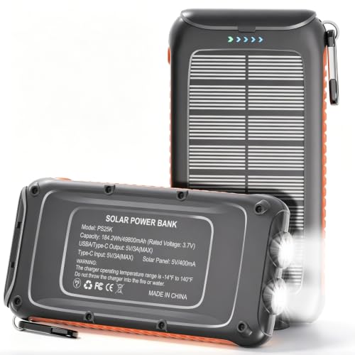 Image of Solar Charger Power Bank 49800mAh, Portable Solar Phone Charger with 2 USB-A & USB-C Ports, 15W Fast Charging for iPhone, Samsung and More, Dual Flashlightfor Camping, Travel & Emergency Backup