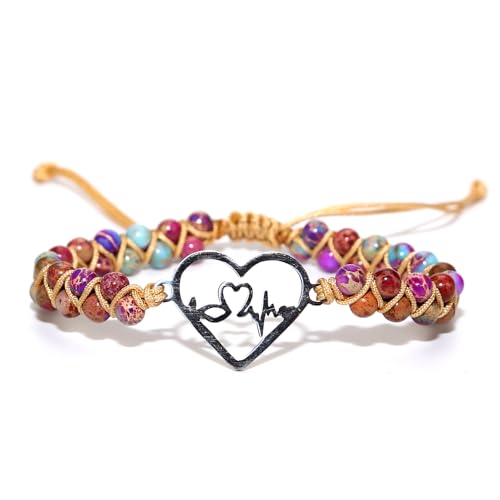 Image of Women Boho Wrap Bracelet,Handmade Natural Stone Crystal Emperor Beads Heart Bracelet, Fashion Bohemian Jewelry Gift for Women