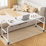 YUGXTH Über-Betttisch Auf Rollen, Mobiler Computertisch mit Verstellbarer Höhe und Länge, Steh-Arbeitsplatzwagen for Laptops for Doppelbetten (Queen-Size, King-Size)(Wit,120cm/47.2in)