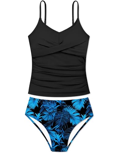 Image of Girls Swimsuit 2 Piece Bathing Suit Criss Cross Ruched Girl Tankini Sets Printed Girls' Swimwear for 9-18 Years