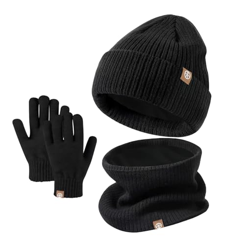 Image of Kids Winter Hat Scarf Gloves Set - Thermal Knitted Beanie with Soft Fleece Neck Warmer for Children Aged 2-8
