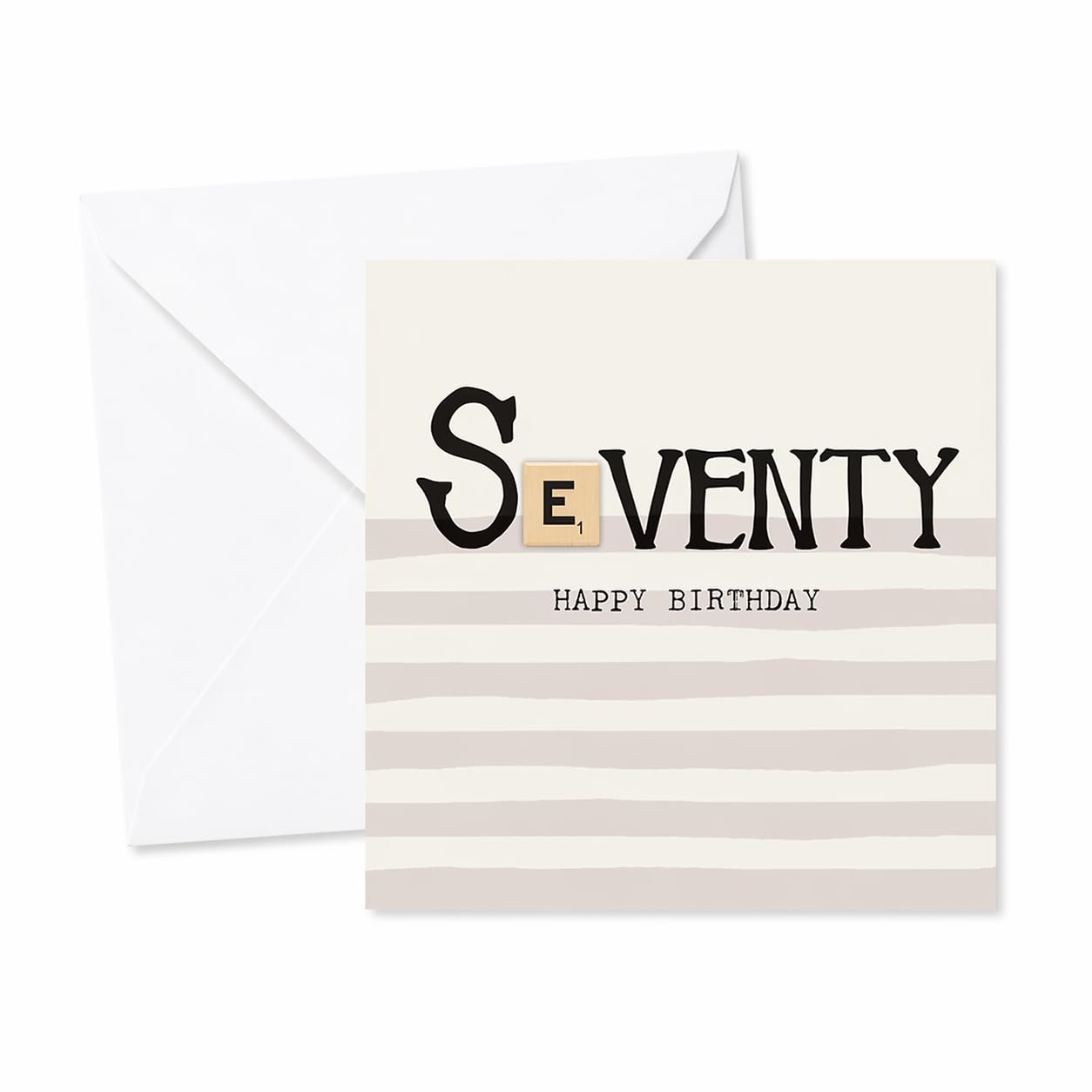 Bexy Boo 70th Birthday Card with Wooden Scrabble Tile, Milestone Greeting Card, Neutral Stripe Design, Standard Size, for Him or Her
