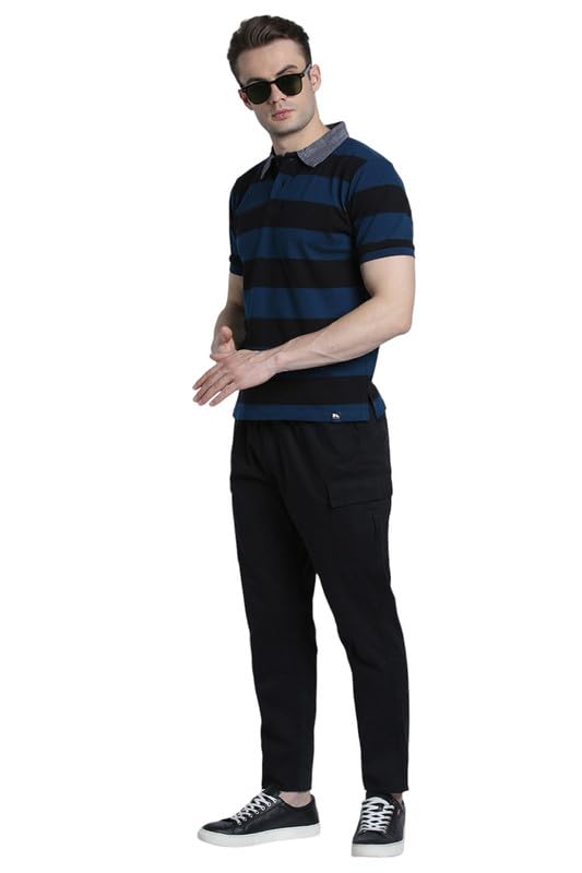 Image of Dennis Lingo Men's Cotton Grey Stripes Regular Fit Button-Down Half Sleeve Polo Tshirt