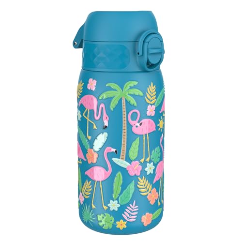 ion8 Botella Agua Inox Ligero para Niños, 400ml, Sin Aislamiento, a Prueba de Fugas, Fácil de Abrir, Cerradura Segura, Apta para Lavavajillas, Tapa Abatible, Fácil de Limpiar, Flamencos