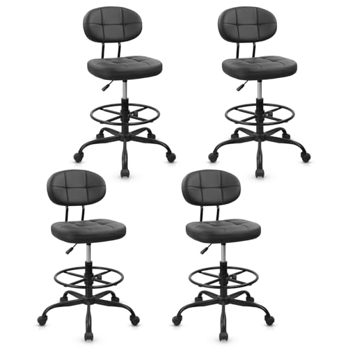 Image of KLASIKA Drafting Stool with Backrest, Tall Adjustable Height Office Chair, PU Leather Swivel Rolling Stool with Footrest & Wheels for Standing Desk, Bar, Salon, Spa, Lab, Counter, Home, Black,4PK
