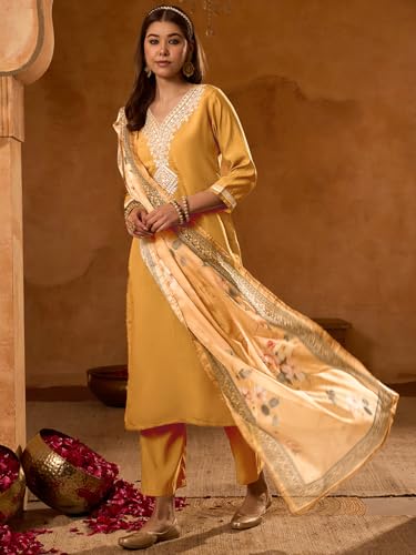 Image of Naixa Women's Rayon Embroidered Straight Kurta with Pant and Dupatta Sets (Available in Plus Size) (NX-696)