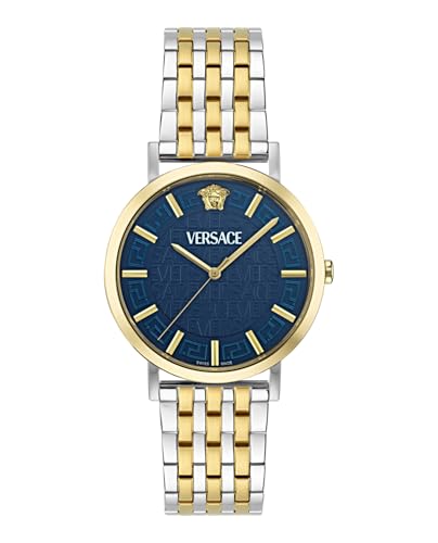 Versace Greca Slim Collection Luxury Mens Watch Timepieces with a Two Tone Bracelet and Case Featuring a Blue Dial