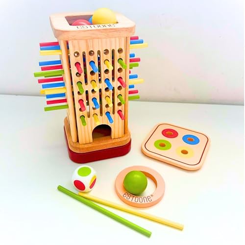 Estoone® Juego Montessori 3 en 1 para Niños 3 4 5 6 7 8 9 Años – Juguete Educativo de Mesa con Palitos de Madera, Bolas, Aro y Dado – Juego Familiar Portátil para Viajes, Regalos y Fiestas Infantiles.
