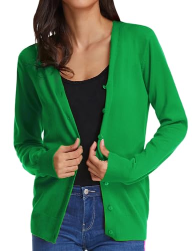 GRACE KARIN Women's Long Sleeve Button Down Cardigan Sweater Lightweight Classic V-Neck Knit Shrug Fashion Clothes Green L