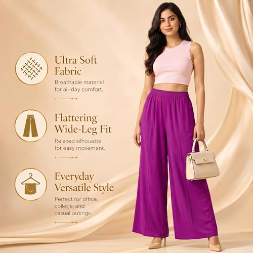 Image of Plaazo Women's Cotton Palazzo | Wide Leg Palazzo for Women | Soft Breathable High Waist Bottom Wear | Comfortable Casual, Office, Travel for Women