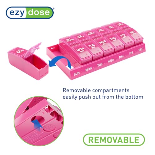 Image of Ezy Dose Weekly (7-Day) AM /PM Pill Organizer, Small Medicine Planner, Pink | Daily Vitamin & Supplement Prescription Box, Compact Pop-Out Compartments, 2 Times a Day Holder, Travel-Friendly, BPA-Free