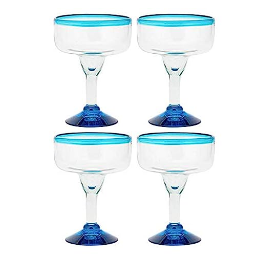 Amici Home Aqua Rim Margarita Glass | Set of 4 | Authentic Mexican Handmade Glassware | Bar Glasses for Cocktails, Pina Coladas, Other Beverages | 15 Oz