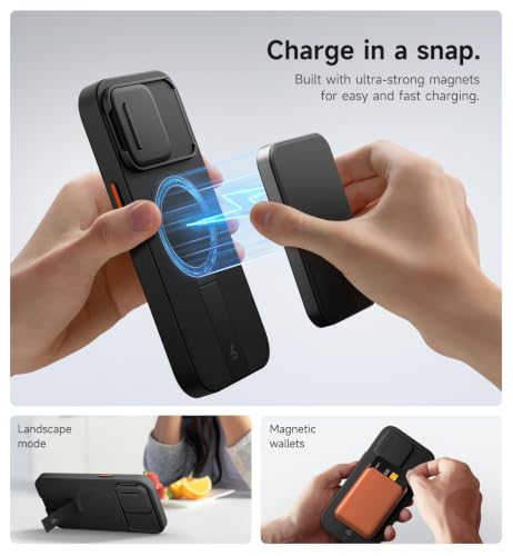 Image of SURITCH for iPhone 15 Pro Case with Magnetic Camera Slide Cover and Adjustable Kickstand, Compatible with MagSafe, Shockproof Bumper Case Slim Protective Cover 6.1 Inch, Black