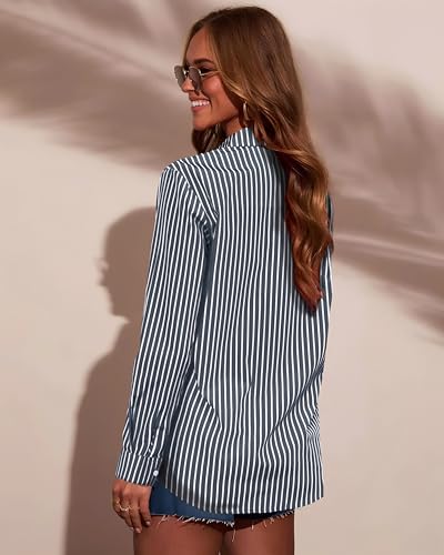 Grade 3.5 Wrinkle-Resistant Womens Vertical Striped Button Down Shirts Long Sleeve Dress Shirt Office Work Blouse4