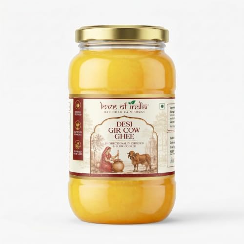 Love of India A2 Ghee 1 Litre | Gir Cow Bilona Ghee | Traditional Curd-Churned A2 Milk | Pure Desi Ghee for Cooking, Tadka, Sweets & Puja