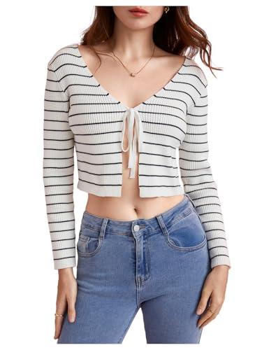 Image of Floerns Women's Tie Front Long Sleeve Rib Knit Shrug Sweaters Cardigan Crop Top
