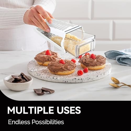 Image of Professional Cheese Grater - Stainless Steel, XL Size, 4 Sides - Perfect Box Grater for Parmesan Cheese, Vegetables, Ginger - Dishwasher Safe (White)