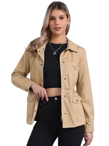 Allegra K Women's Utility Jacket Zip Up Drawstring Waist Coat with Pockets