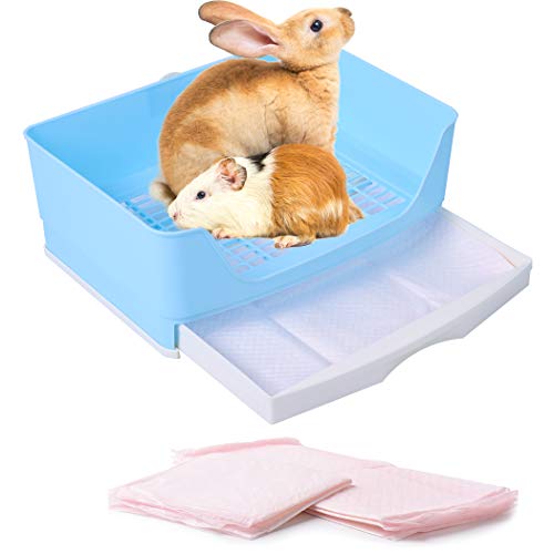CALPALMY Large Rabbit Litter Box (Blue) with 4 Bonus Pads, Drawer, Corner Toilet Box and Bigger Pet Pan for Adult Guinea Pigs, Chinchilla, Ferret, Galesaur, Small Animals