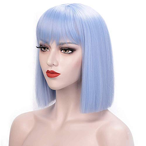 LNERATO Light Blue Wig Short Bob Straight Wigs with Bangs Shoulder Length Fashion Bob Wigs for Women Synthetic Cosplay Party Daily Use Wig
