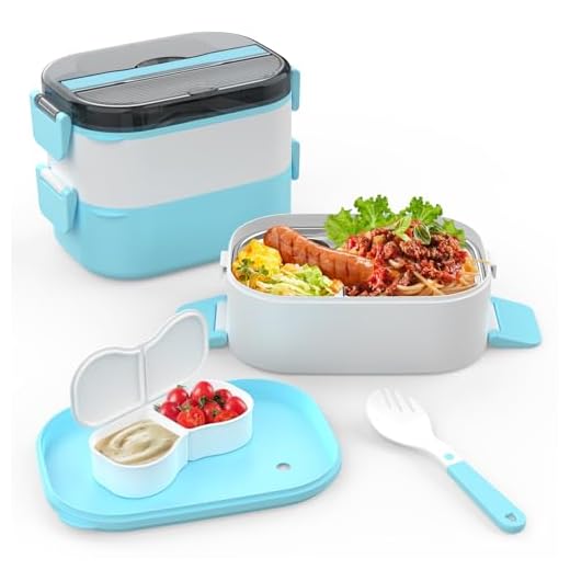 Adult Lunch Box, Stackable Bento Lunch Container for Adults, 2 Layer Portable Lunch Containers with Utensils, Sauce Jar, Muffin Liners, Microwave & Dishwasher Safe(BLUE)