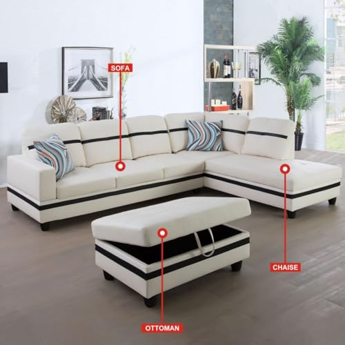 Image of L-Shaped 3-Piece Semi PU Synthetic Leather Sofa with Storage Ottoman Set, Sectional Couch Sofa Set for Living Room, Office, Small Space, White and Black-1