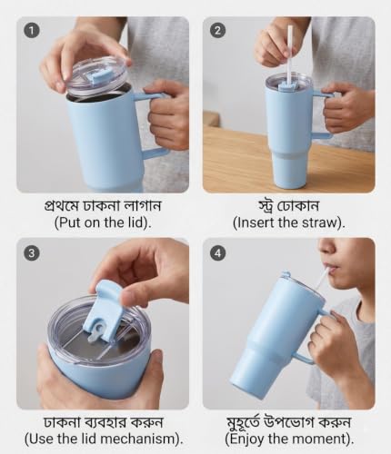 Image of Reusable Plastic Tumbler with Handle and Straw 1800ML Blue