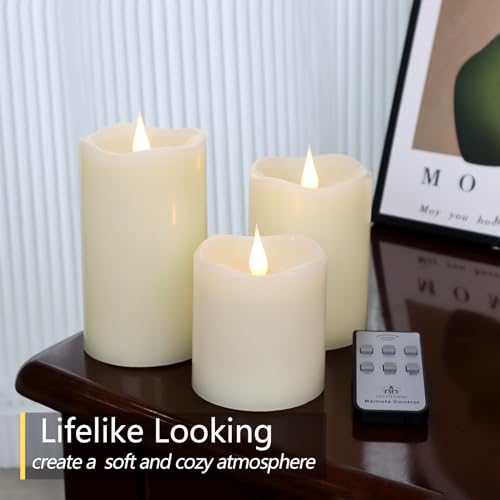 Image of TECHLONG Flameless Candles Battery Operated with Remote Timer, 3D Moving Flame Flickering, Last 600+ Hours Battery Candles, Set of 3 Ivory Real Wax Electric LED Candle for Wedding Party Decor