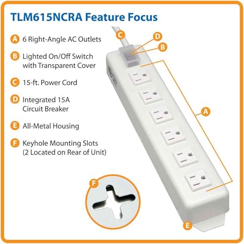 Eaton Tripp Lite Power Strip de Servicio Pesado, 6 Salidas en Ángulo Recto, Metal, Opción de Montaje en Pared y Bajo Escritorio, Cable de Extensión de 15 pies, Interruptor con Cubierta, Industrial para Garaje Taller (TLM615NCRA) miniatura 2