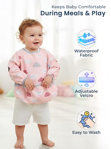 Image of POLKA TOTS Reusable Full Sleeve Baby Bibs for Infants & Toddlers | Waterproof & Washable Feeding Apron with Food Catching Pocket | Drooling Apron | Food Catcher | Clothing Protector for Boys & Girls