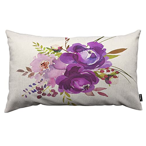 TKS MITLAN Purple Watercolor Floral Decorative Pillow Covers Romantic Round Bouquet Rustic Linen Throw Pillow Covers 12x20 Inch for Sofa Couch Decoration