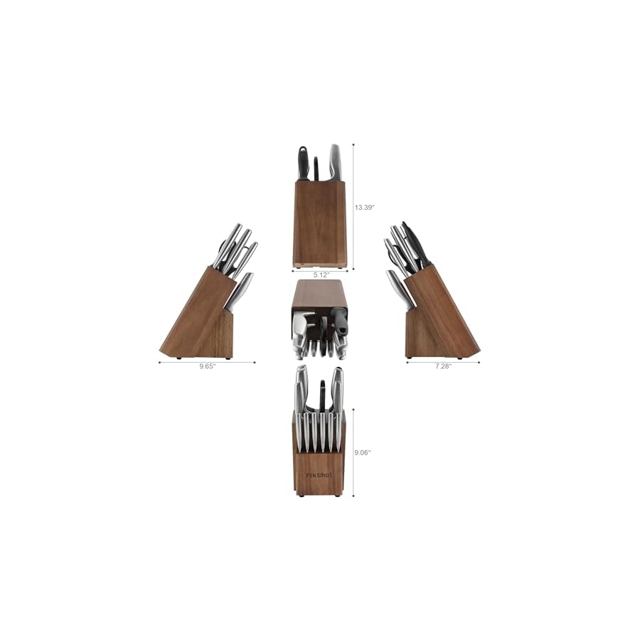 Knife Block Set, Kitchen Knife Sets with Block, FIKSHOT Knives Set - Razor-Sharp Santoku Knives, Fruit and Kitchen Sets - Rust Resistant for Homecooks (Silver + Walnut)