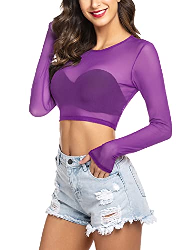 Avidlove Women Mesh Crop Top Long Sleeve See Through Shirt Sheer Blouse S-4Xl (S, Long Sleeve-Purple) #TOP19