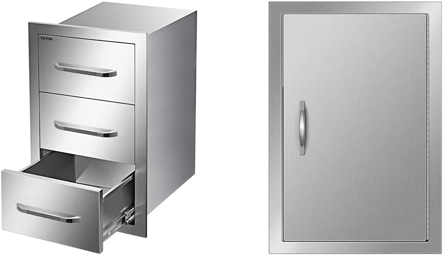 17W x 30H x 21D Inch Stainless Steel Outdoor Kitchen Double Access Drawers Combo with 24W x 24H Inch BBQ Access Doors