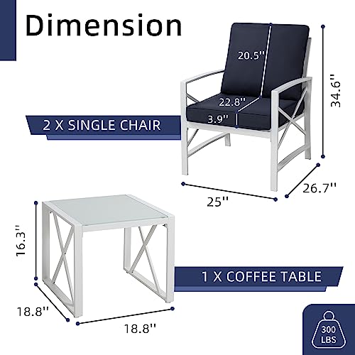 Meilocar Patio Furniture 3-Piece Conversation Set, Outdoor Furniture Patio Chairs with Aluminum Frame and Coffee Table, Conversation Chat Sofa Modern Seating Set, Blue - Thumbnail 2