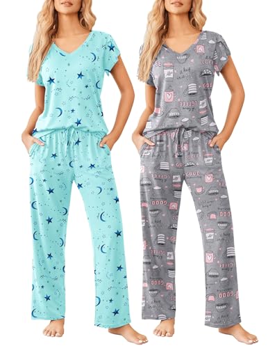 Ekouaer 2 Pack Womens Pajamas Short Sleeve Sleepwear Top with Pants Super-Soft Printed Lounge Sets S-XXL