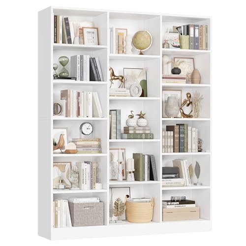 FACBOTALL Triple Wide Bookshelf, 6 Tier Large Bookshelf, Bookcase with 17 Open Display Shelves, 74'' Tall Bookcases and Bookshelves for Living Room, Home Office, Library, White