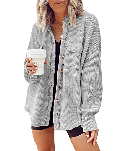 Image of ebossy Womens Long Batwing Sleeve Splicing Cardigan Lightweight Waffle Textured Boyfriend Shirt Jacket Shacket