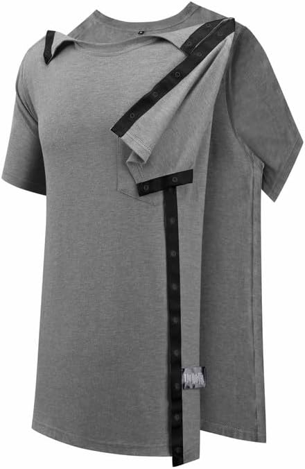 Post Shoulder Surgery Shirts for Men Full Snap Open Tear Away Short Sleeve T Shirt Chemo Port Access Tee Rotator Cuff Surgery - Image 2