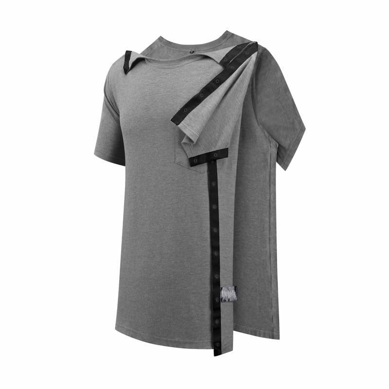 Post Shoulder Surgery Shirts for Men Full Snap Open Tear Away Short Sleeve T Shirt Chemo Port Access Tee Rotator Cuff Surgery2