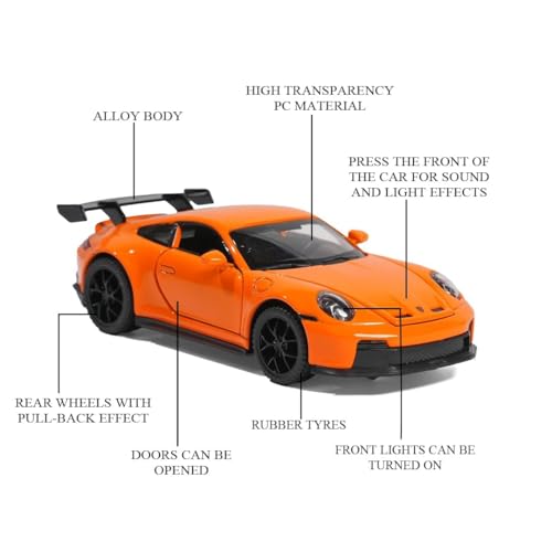 Image of 1:32 Porsche 911 GT3 Sport Car Model - Diecast Alloy Toy Vehicle with Pull Back Action, Sound, Light & Openable Doors, Hood & Trunk for Kids and Collectors (Orange)