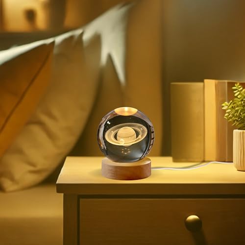 Image of 3D Saturn Crystal Ball Night Light with Wooden Base, Table Lamp