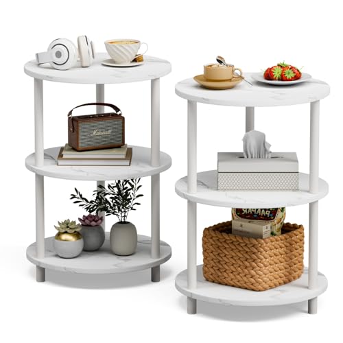 XBurmo Small Round End Table - 3 Tier Design Accent Table, Narrow Side or Bedside Stand, Industrial Vintage Nightstand for Bedroom, Living Room, or Small Spaces, Set of 2, Marble White