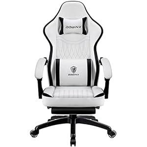 Dowinx Gamingstoel met lentekussen, racing-gamer stoel met massage lendensteun, ergonomische gamingstoel met voetensteun, bureaustoel, PU-leer, zwart, wit