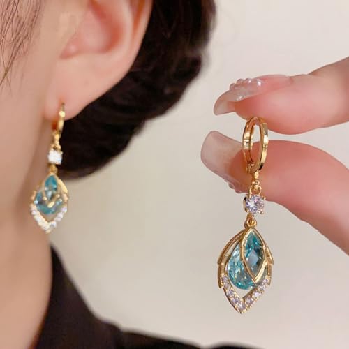 Emerald Earrings，Gold Huggie Earrings，Gold Hoop Drop Feather Leaf Earrings for Women ，Zirconia Dangle Earrings Jewelry Gifts for Women2