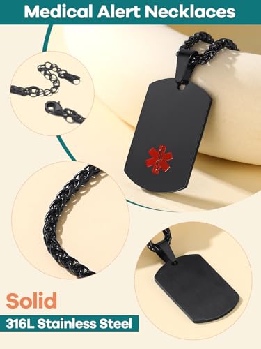 Supcare Customize Dog Tag Chain - Black Waterproof Medical Id Necklace for Men - Engraved Mens Jewelry