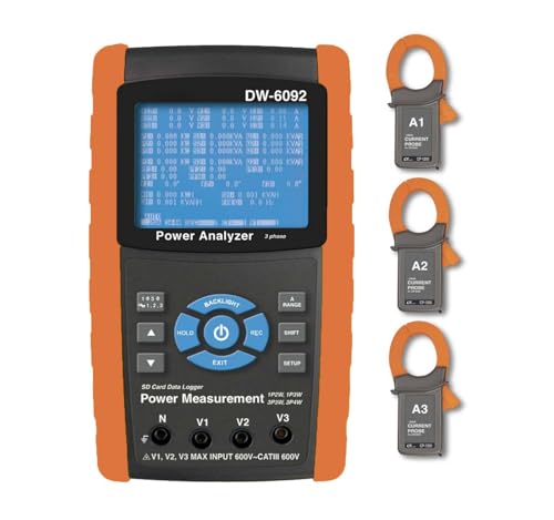 DW-6092 3 Phase Power Quality Analyzer Three Phase Power Quality Meter Tester Real Time Data Recorder Logger with 3 PCS CP-1200 Current Probes 20A 200A 1200A | 1P/2W, 1P/3W, 3P/3W, 3P/4W