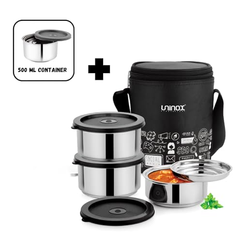 Image of uninox Double Wall Stainless Steel Tiffin Box with 3 Containers & 1 Free Container | Lunch Box for Office, School & Travel | Black Colour